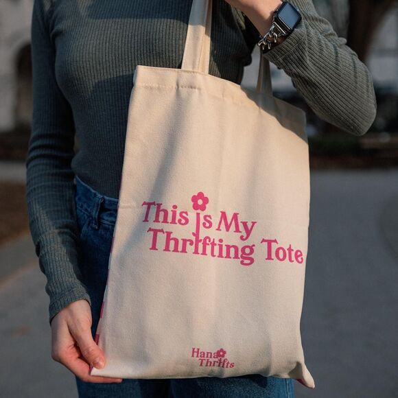 “This Is My Thrifting Tote” Pink Checkered Canvas Tote Bag - Picture 5 of 8